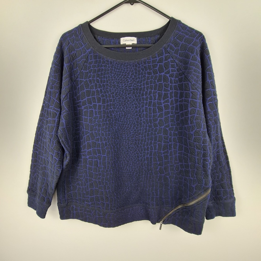 Calvin Klein Black Purple Crocodile Print Top Sweater L Long Sleeve Textured Zip